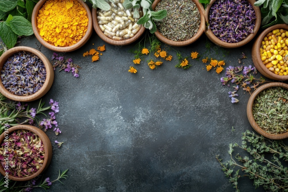 A vibrant array of herbs and flowers arranged in bowls on a rustic surface A vibrant array of herbs and flowers arranged in bowls on a rustic surface