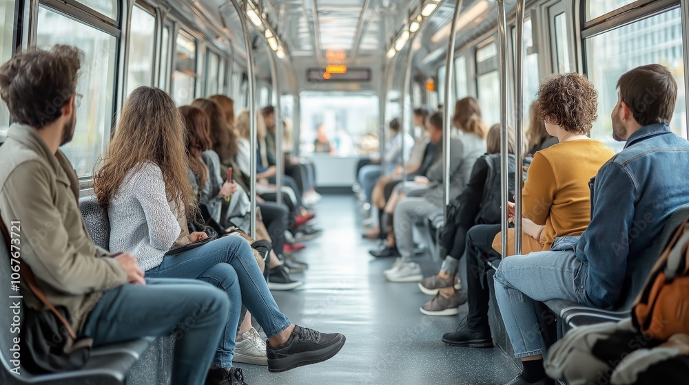 A diverse group of people seated in a minimalistic subway train interior, facing forward in a relaxed atmosphere A diverse group of people seated in a minimalistic subway train interior, facing forward in a relaxed atmosphere