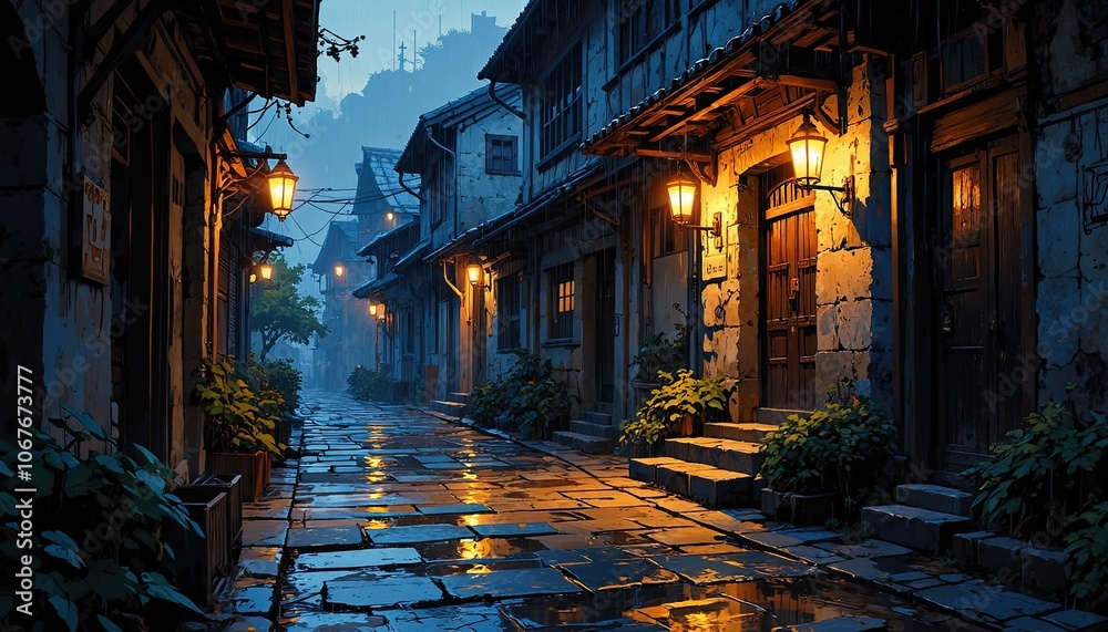 Mysterious night in historic alley with warm lantern glow and wet cobblestones Mysterious night in historic alley with warm lantern glow and wet cobblestones