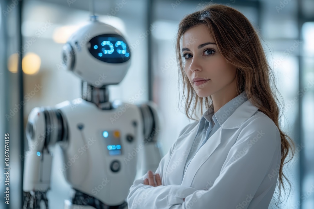 A scientist in a lab coat stands confidently beside a humanoid robot in a modern research facility A scientist in a lab coat stands confidently beside a humanoid robot in a modern research facility