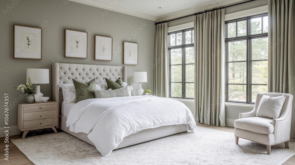Fototapeta premium A Luxurious Bedroom with a King-Sized Bed and Large Windows