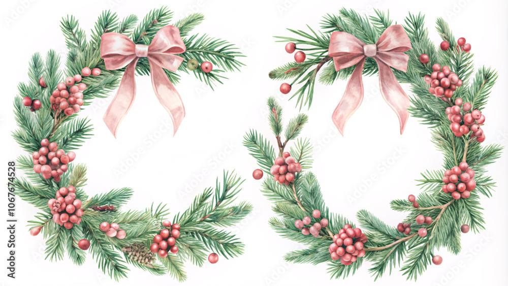 Holiday wreath elements with pine branches, berries, and ribbons in watercolor style, ideal for web and print designs Holiday wreath elements with pine branches, berries, and ribbons in watercolor style, ideal for web and print designs