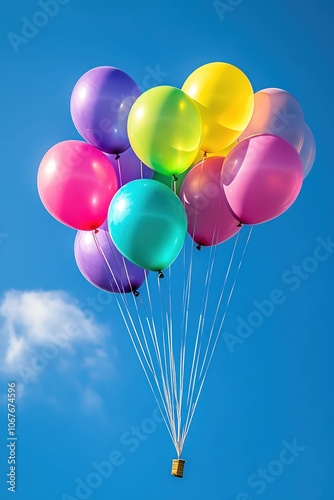 Candycolored rainbow and balloons, wide angle, turquoise sky, blissful photo