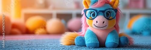 Colorful unicorn plush toy wearing glasses, whimsical setting, soft focus photo