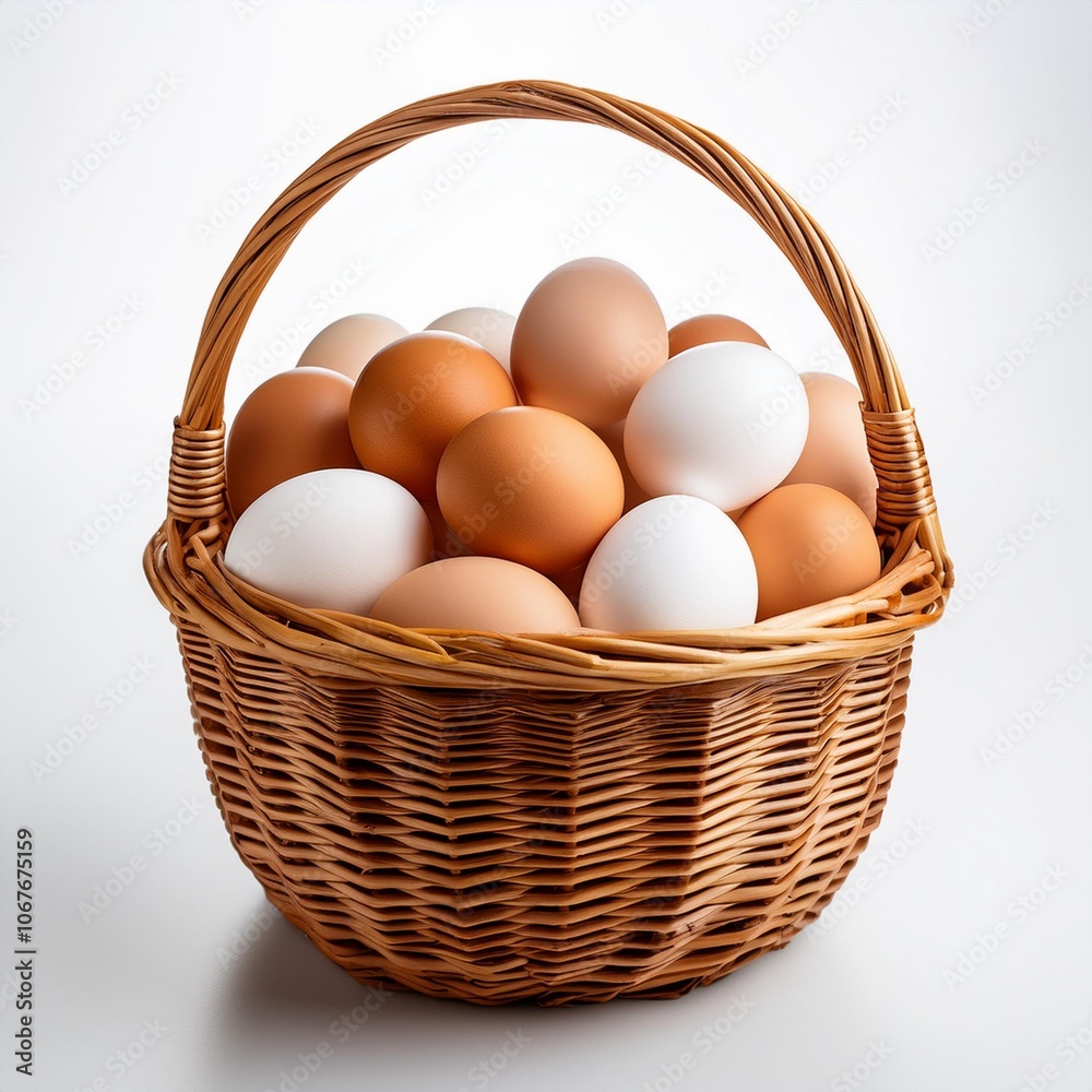 fresh yellow and white eggs in wicker basket and white background fresh yellow and white eggs in wicker basket and white background