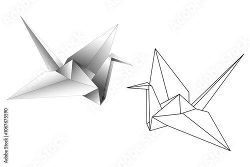 Two origami cranes isolated on white background. Black outline. Hand-drawn coloring book for adults and children. Design of t-shirts, postcards, flyers, brochures. Vector illustration.