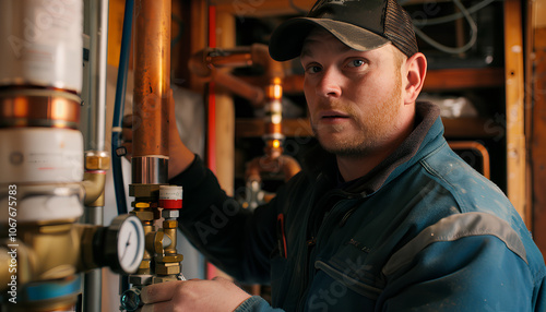 Professional engineer installing a natural gas boiler at home, he is checking the pipes