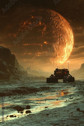 Moon rover on alien terrain, neon underglow, distant planet rise