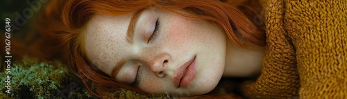 Redhead lying on moss, forest ground closeup, soft natural light, tranquil expression