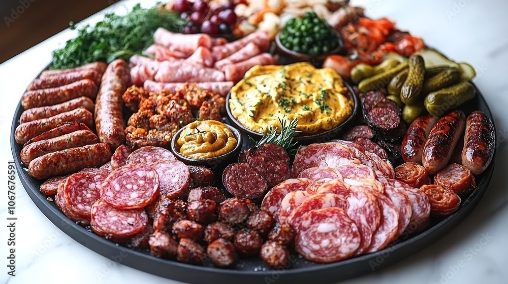 A large platter with various cured meats, sausages, pickles, mustard, and other appetizers. A large platter with various cured meats, sausages, pickles, mustard, and other appetizers.