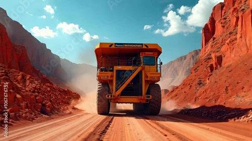 Yellow Dump Truck Driving on Dirt Road in Red Canyon