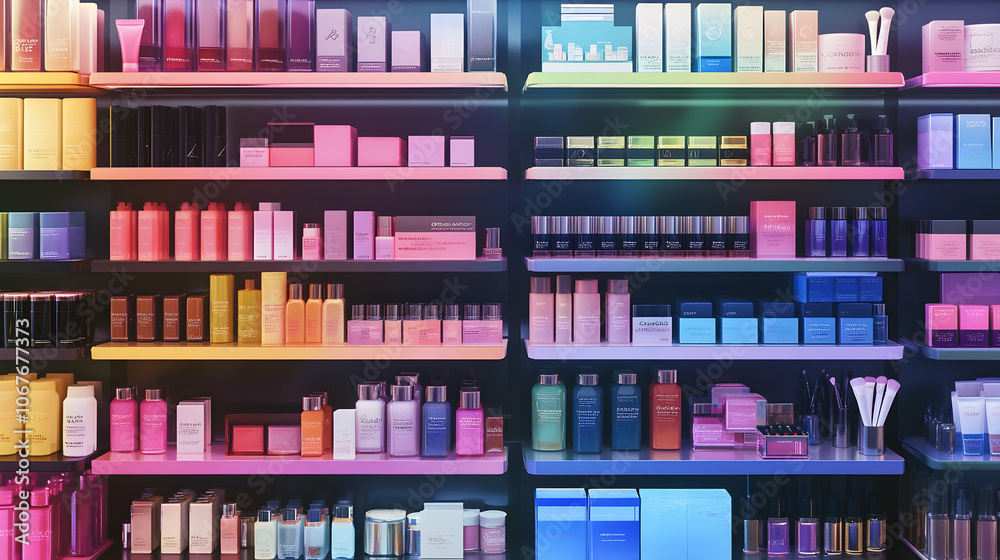 Cosmetics Display: A vibrant display of various makeup products on shelves, capturing the essence of the beauty and cosmetics industry. Cosmetics Display: A vibrant display of various makeup products on shelves, capturing the essence of the beauty and cosmetics industry.