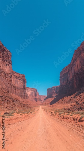 A dusty road leads through a dramatic canyon landscape under a clear blue sky.