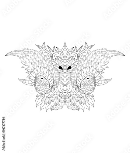 Vector illustration of black and white portrait image with moloch. Drawn in zentangle style for t-shirt design or tattoo. Anti-stress coloring page with wildlife. photo