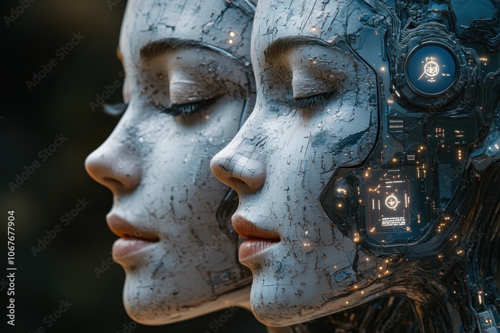 Futuristic cyborg faces with intricate details glowing in a dim setting