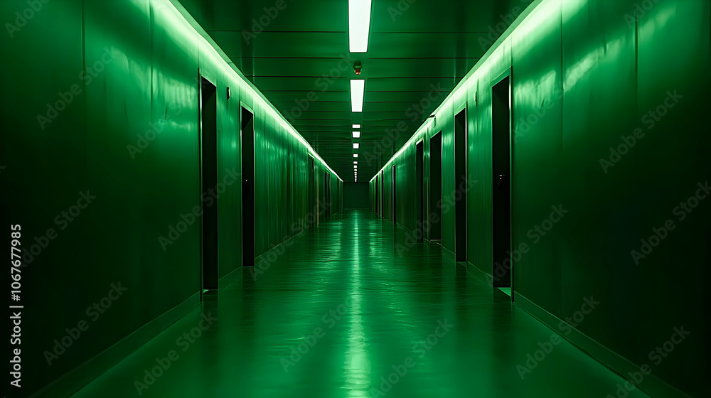 Dark, futuristic corridor with eerie green lighting, reminiscent of a suspenseful sci-fi setting Dark, futuristic corridor with eerie green lighting, reminiscent of a suspenseful sci-fi setting