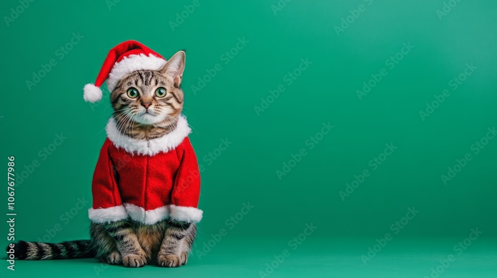 Cute cozy cat Christmas banner with copy space. Cute animal in Xmas costume. Funny portrait of pets. Winter season banner design with place for text. Cute cozy cat Christmas banner with copy space. Cute animal in Xmas costume. Funny portrait of pets. Winter season banner design with place for text.