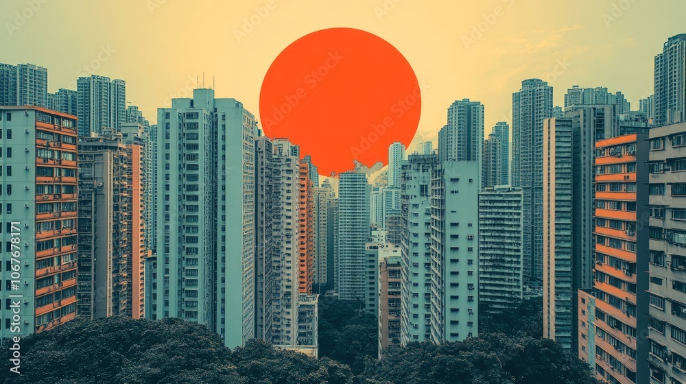 Fototapeta premium A large red sun sets behind a densely populated cityscape.