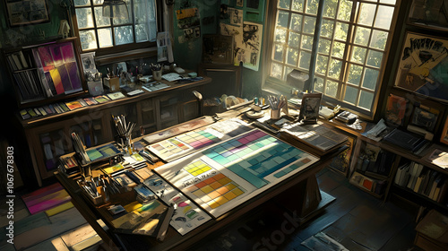 Designer's workspace with a graphic tablet, color swatches, and creative tools 