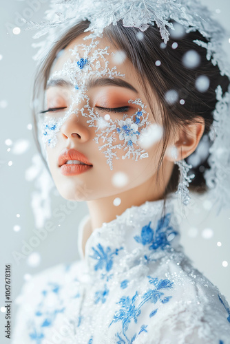 A young Asian woman with snowflake makeup and a white dress with blue accents stands against a white background.