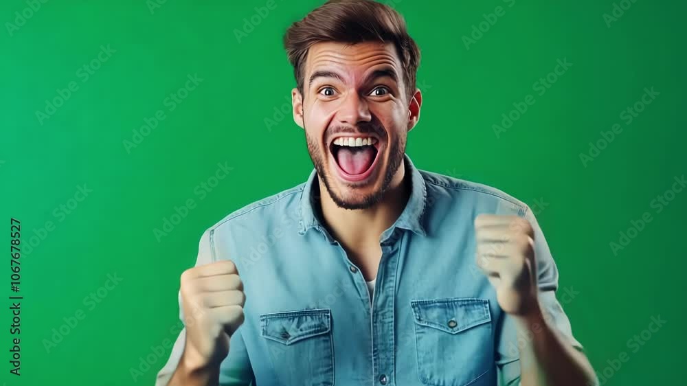 Young man with a beard expressing extreme joy and excitement against a vibrant green screen background. Celebrating with energetic gestures and a beaming smile, radiating positivity Young man with a beard expressing extreme joy and excitement against a vibrant green screen background. Celebrating with energetic gestures and a beaming smile, radiating positivity