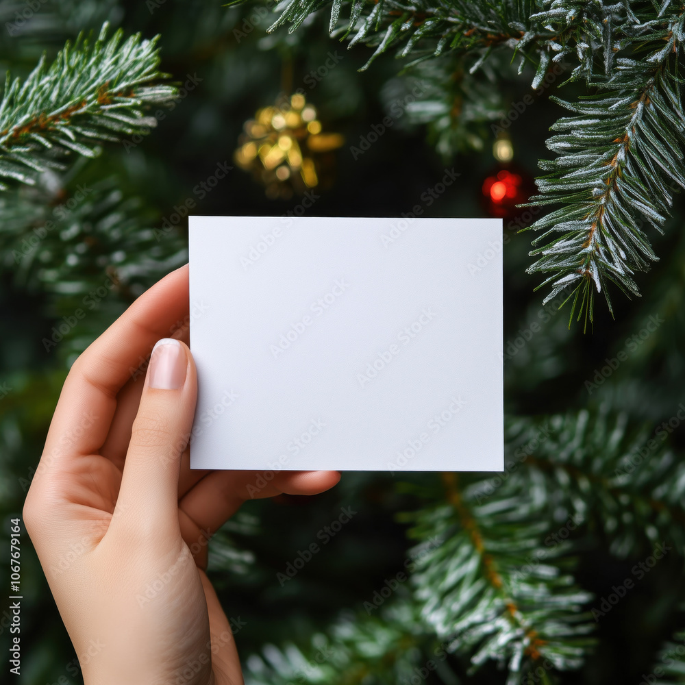 Blank card mock up in the hand of a woman with Christmas tree in the background Blank card mock up in the hand of a woman with Christmas tree in the background