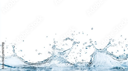 Abstract splash of crystal-clear water droplets against a white background, showcasing freshness, purity, and natural energy