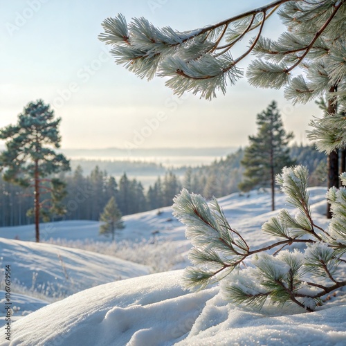 Winter bright background. Christmas landscape with snowdrifts and pine branches in the frost. photo