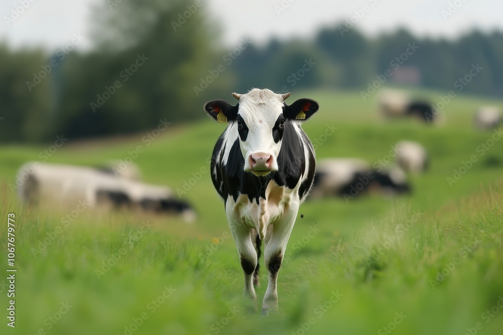 Black and White Cow in a Green Meadow with Cows Resting in the Background Black and White Cow in a Green Meadow with Cows Resting in the Background