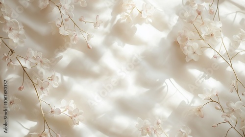 A soft, gentle abstract background featuring delicate white orchids on a light fabric surface, creating a serene atmosphere