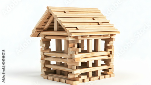 Foundation of Unity: A wooden house built on a base of interconnected wooden blocks, illustrating the importance of teamwork in building a strong foundation. 