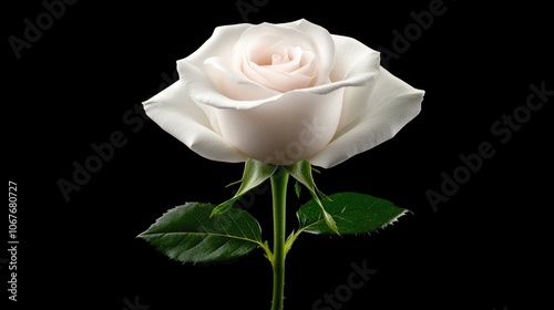 Elegant white rose on black background with lush green leaves