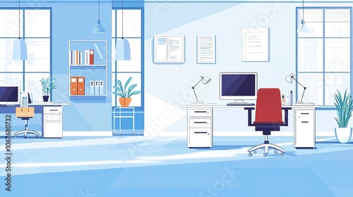 A bright and modern office space featuring desks, plants, and minimalistic decor in shades of blue and white.