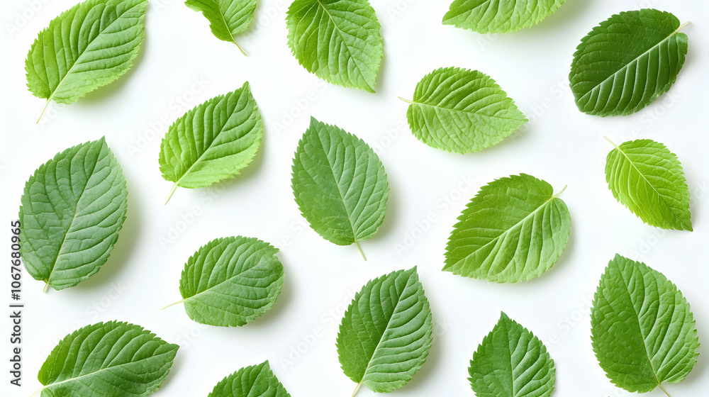 Fresh green leaves floating on a clean white background, suitable for an eco-friendly or natural product design Fresh green leaves floating on a clean white background, suitable for an eco-friendly or natural product design