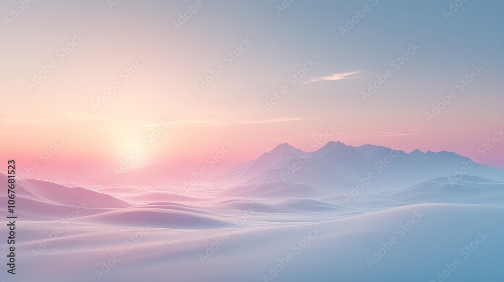 A serene abstract landscape featuring gentle gradients of pastel colors, with soft hills and a rising sun in the background A serene abstract landscape featuring gentle gradients of pastel colors, with soft hills and a rising sun in the background