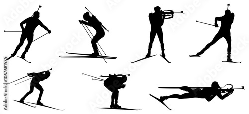 Biathlon. Winter sport. Silhouettes of biathlonist.Set of biathlon athletes. Vector illustration isolated on white background.