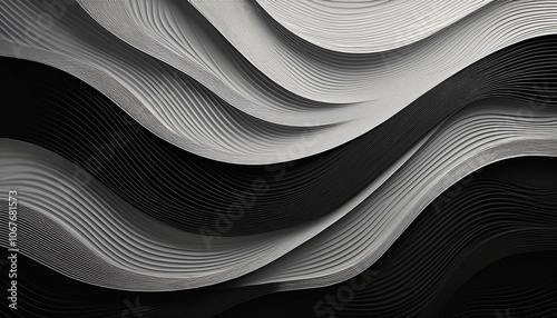 Abstract black and white wavy lines creating a flowing pattern, resembling waves, perfect for backgrounds, graphic designs, or illustrating rhythm and flow.