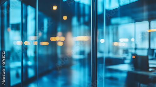 Glass wall of a modern business office, reflecting a blue tint, blurred details for abstract business theme 