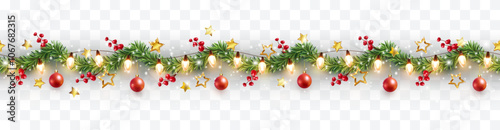 Border with green fir branches, red balls, berries, gold lights and stars isolated on transparent background. Pine, xmas evergreen plants seamless banner. Vector Christmas tree garland decoration