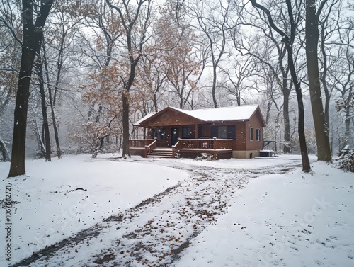 A cozy wooden house surrounded by snow-covered trees in winter.