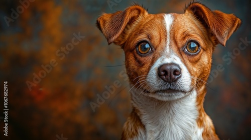 Brown and white dog looking at camera against dark background