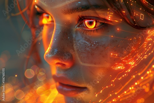 A close-up portrait of a woman with glowing orange eyes and a futuristic, glowing circuit board overlay on her face.