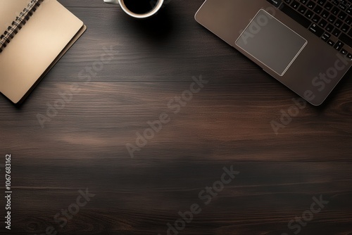 Modern business desk setup showcasing a sleek laptop, a minimalist notebook, and a cup of black coffee, all arranged on a rich wooden surface, creating a stylish and functional workspace ideal for foc photo