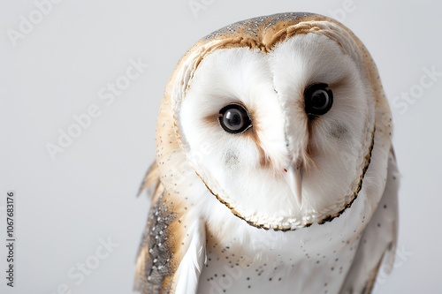 A close-up portrait of a barn owl with large, dark eyes looking directly at the camera.