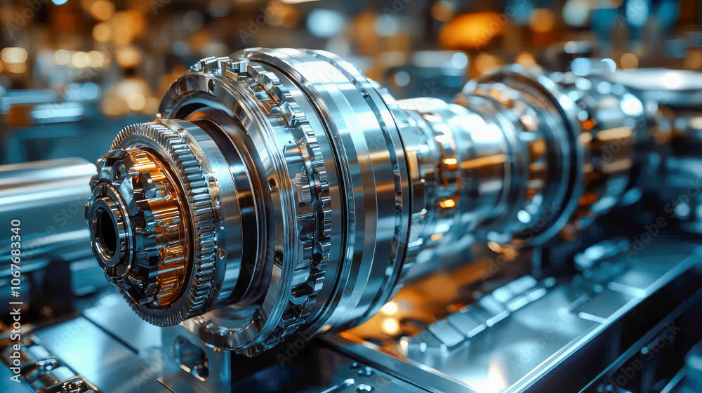 A modern, sleek metal industrial machine component with a highly polished surface, used in manufacturing and engineering A modern, sleek metal industrial machine component with a highly polished surface, used in manufacturing and engineering