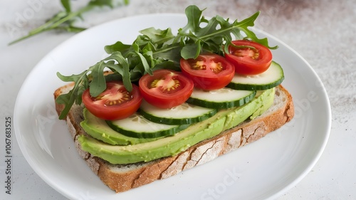 Modern open sandwich with avocado, tomatoes, cucumber, and arugula on toasted bread