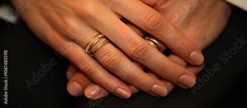 Close up of a woman's hand with three gold rings on her ring finger.