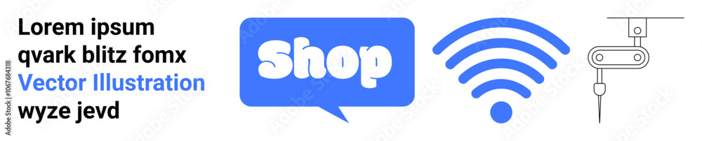 Text placeholder on left side, shop button in speech bubble, wireless signal icon, automated robotic arm. Ideal for e-commerce, technology, retail, communication, automation. Banner for landing page Text placeholder on left side, shop button in speech bubble, wireless signal icon, automated robotic arm. Ideal for e-commerce, technology, retail, communication, automation. Banner for landing page