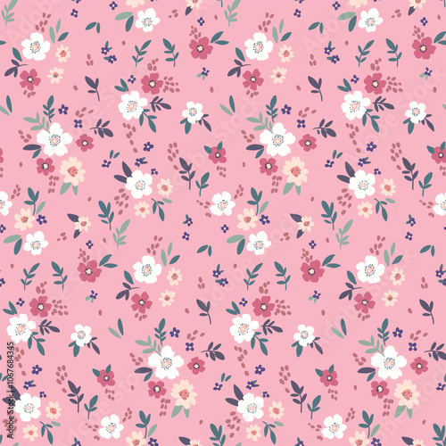 Seamless floral pattern, liberty ditsy print, abstract ornament of mini simple plants. Cute botanical design: small hand drawn flowers, tiny leaves, romantic bouquets, pink field. Vector illustration.