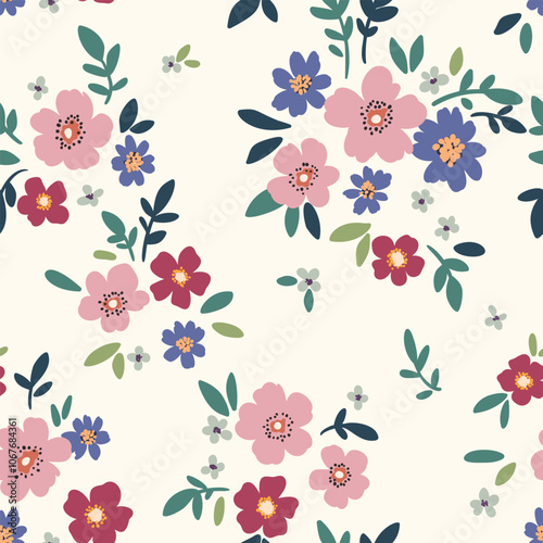 Seamless floral pattern, liberty ditsy print, abstract ornament of simple hand drawn plants. Cute botanical design in folk motif: small daisy flowers, tiny leaves, bouquets. Vector illustration.